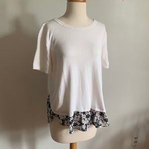 Loft white short sleeve sweater, navy blue floral, print faux blouse